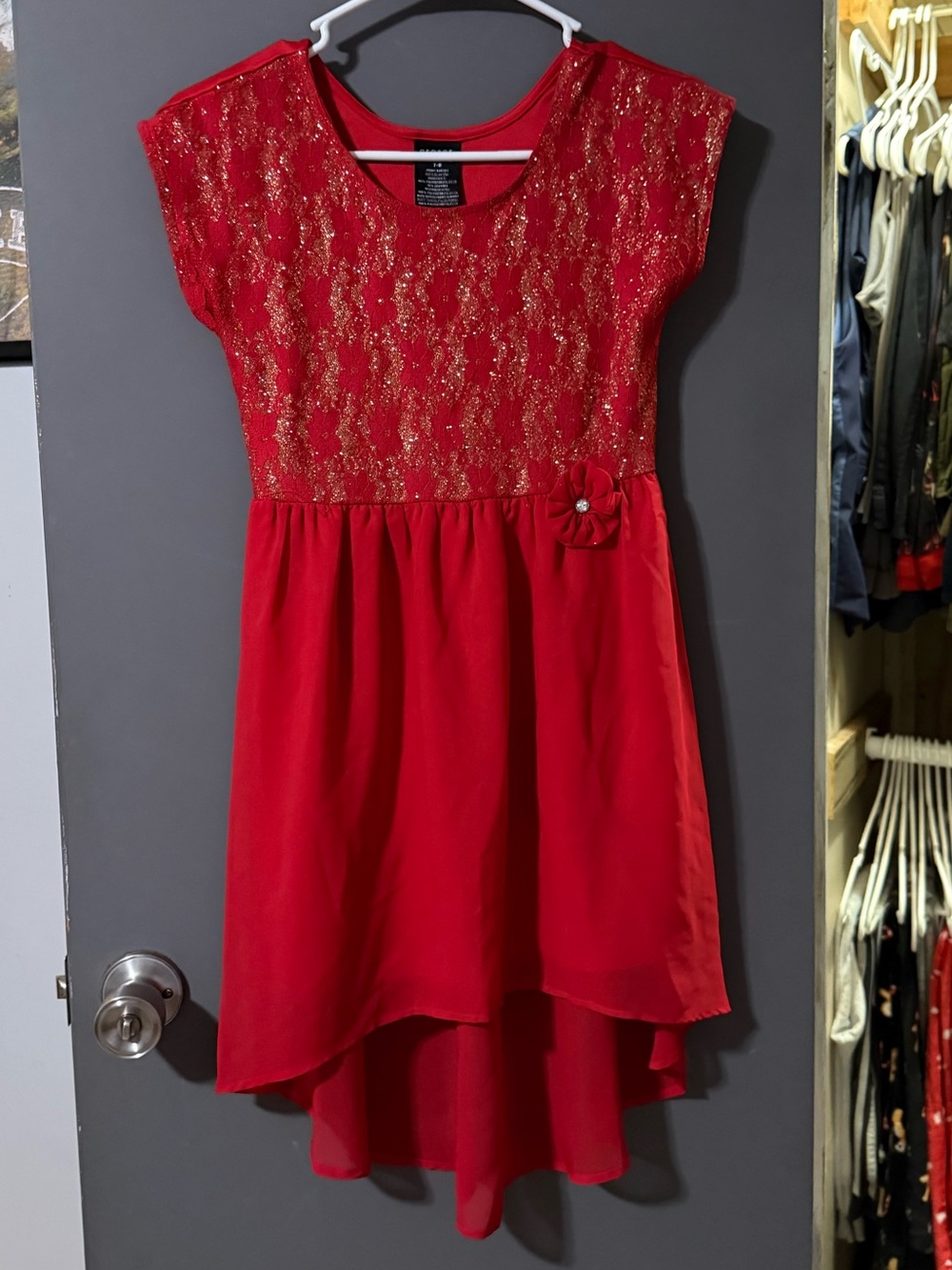 George Red Lace-Top Hi-Low Dress with Rosette